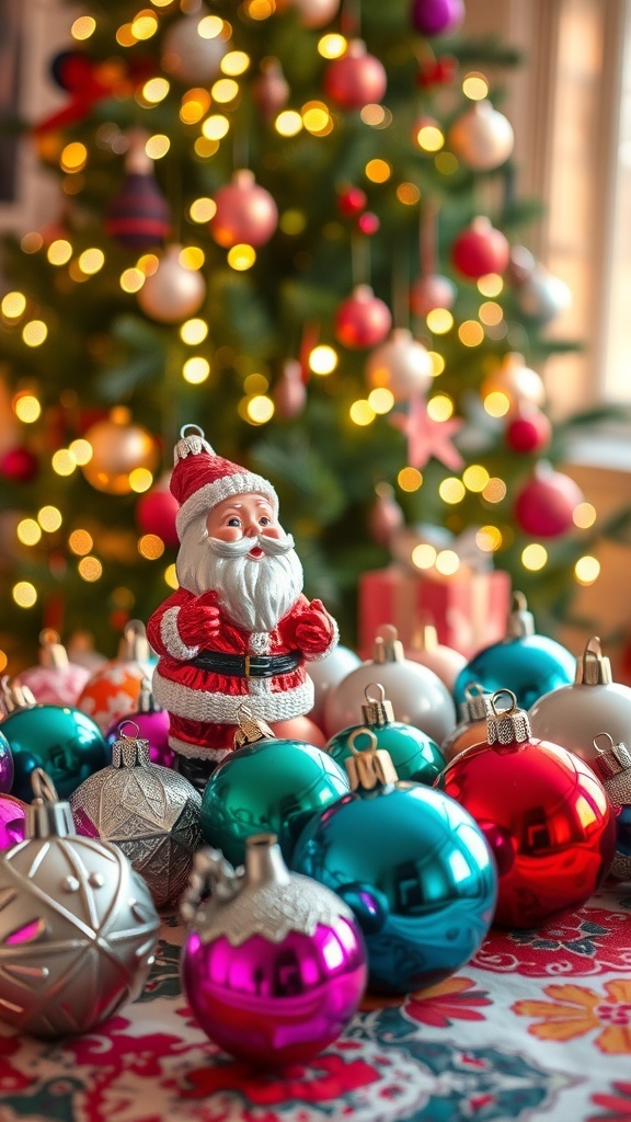 A variety of vintage 1950s Christmas ornaments in different shapes and colors on a table with a Christmas tree in the background.